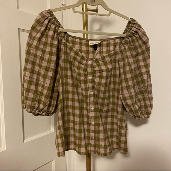NWT Puff Short Sleeve Button-Front Blouse in Multicolor Plaid Size XXL - Picture 4 of 12